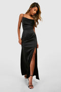 Black Satin Slip Side Split Maxi Dress