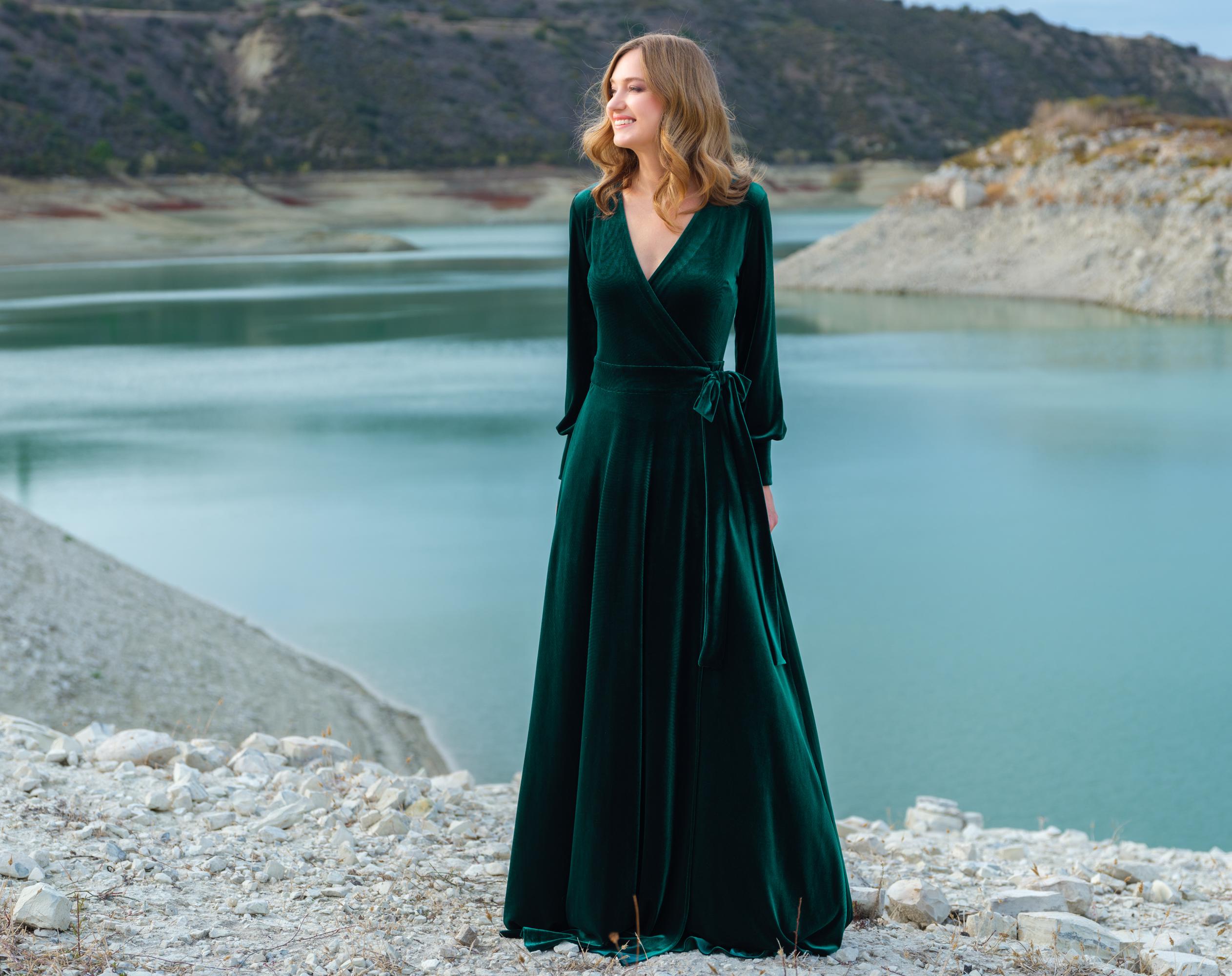 Velvet Wrap Dress in Emerald Green: With Long Sleeves Floor Length Maxi Gown,  for Holiday Parties, Fall Winter Weddings, Special Occasions