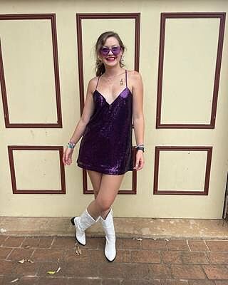 Delilaah Mini Dress - Strappy V Neck Slip Sequin Dress in Purple Sequins