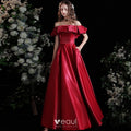 Modest / Simple Burgundy Satin Prom Dresses 2021 A-Line / Princess  Off-The-Shoulder Short Sleeve Backless Floor-Length / Long Formal Dresses