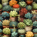 succulents, quilting cotton, fabric panel, botanical, potted plants, terracotta pots, sage green, coral orange, dusty blue, forest green, cream, burgundy, rosette pattern, garden theme, desert plants, ceramic planters, nature motif, repeating pattern, crafting fabric, quilting material