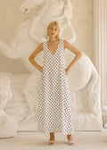 Black and white polka dot maxi dress garden party outfit 2026, chic cotton dress for outdoor summer party, preppy destination wedding guest look