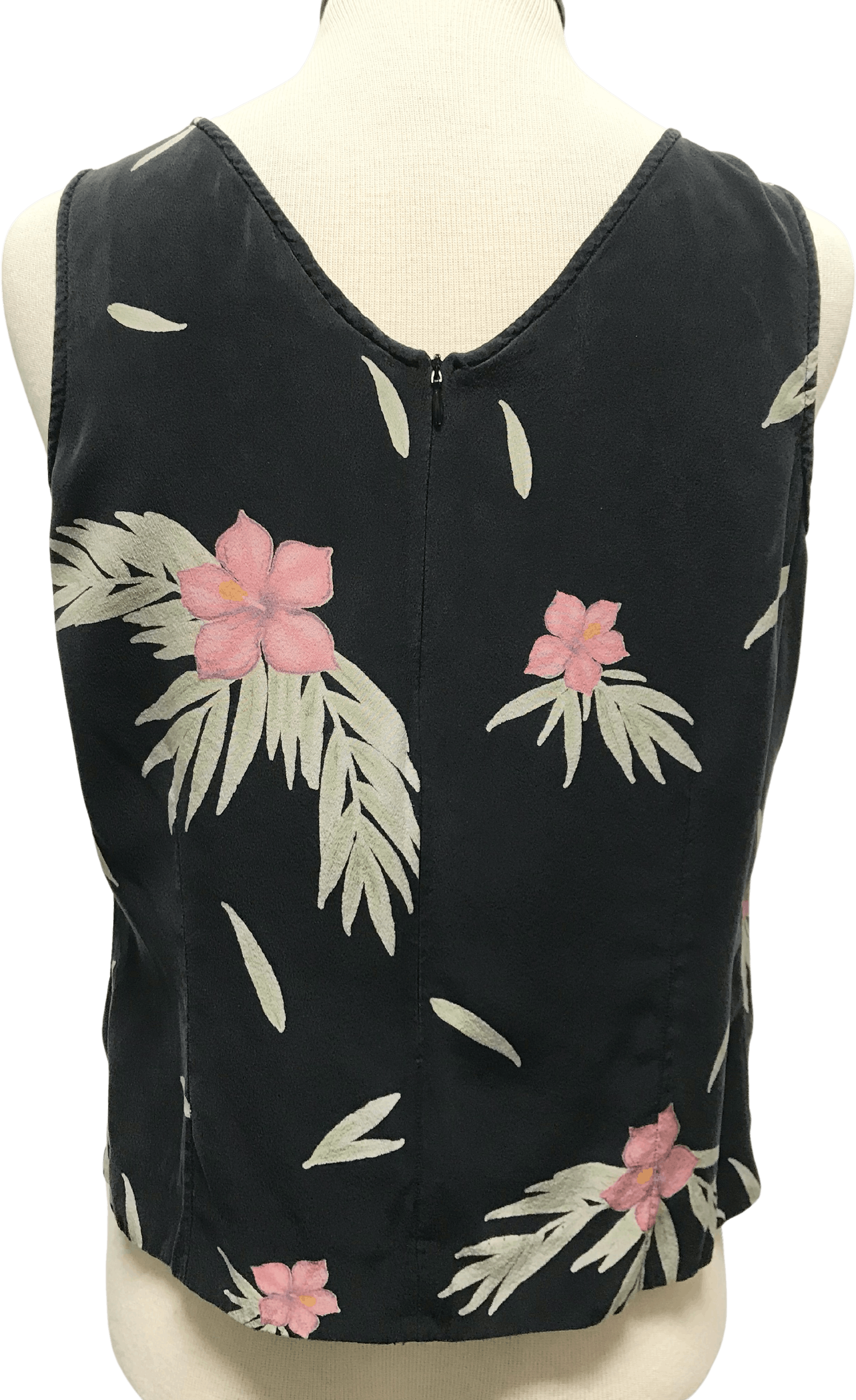90's Sleeveless Silk Black Floral Tropical Top by Acorn