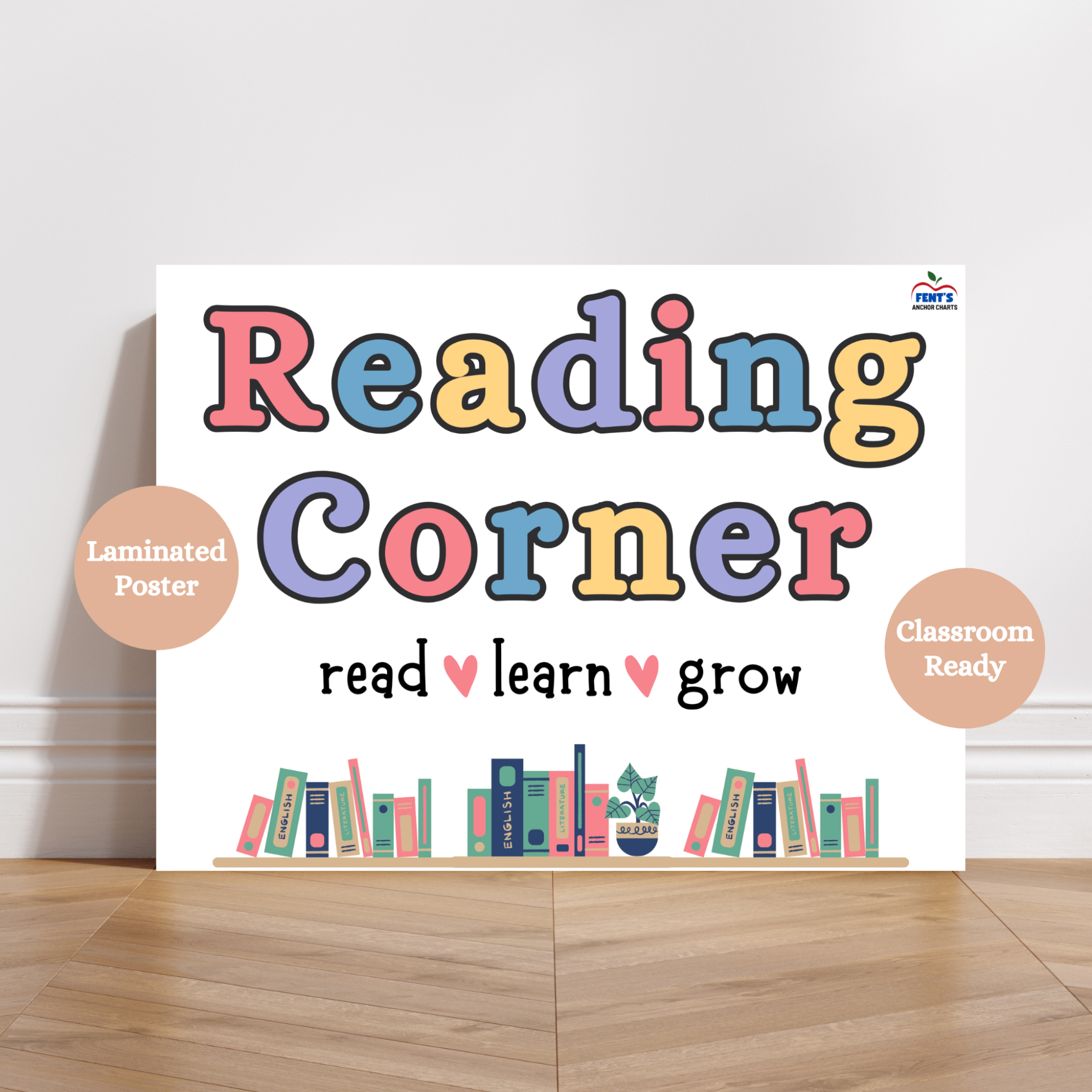 Laminated Reading corner poster with colorful text outlining reading corner expectations and habits; ideal classroom decor for elementary and middle school libraries or book nooks. Laminated for durability in classrooms.