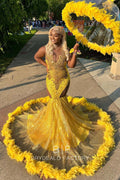 gold rhinestones glitter long train trumpet prom dress