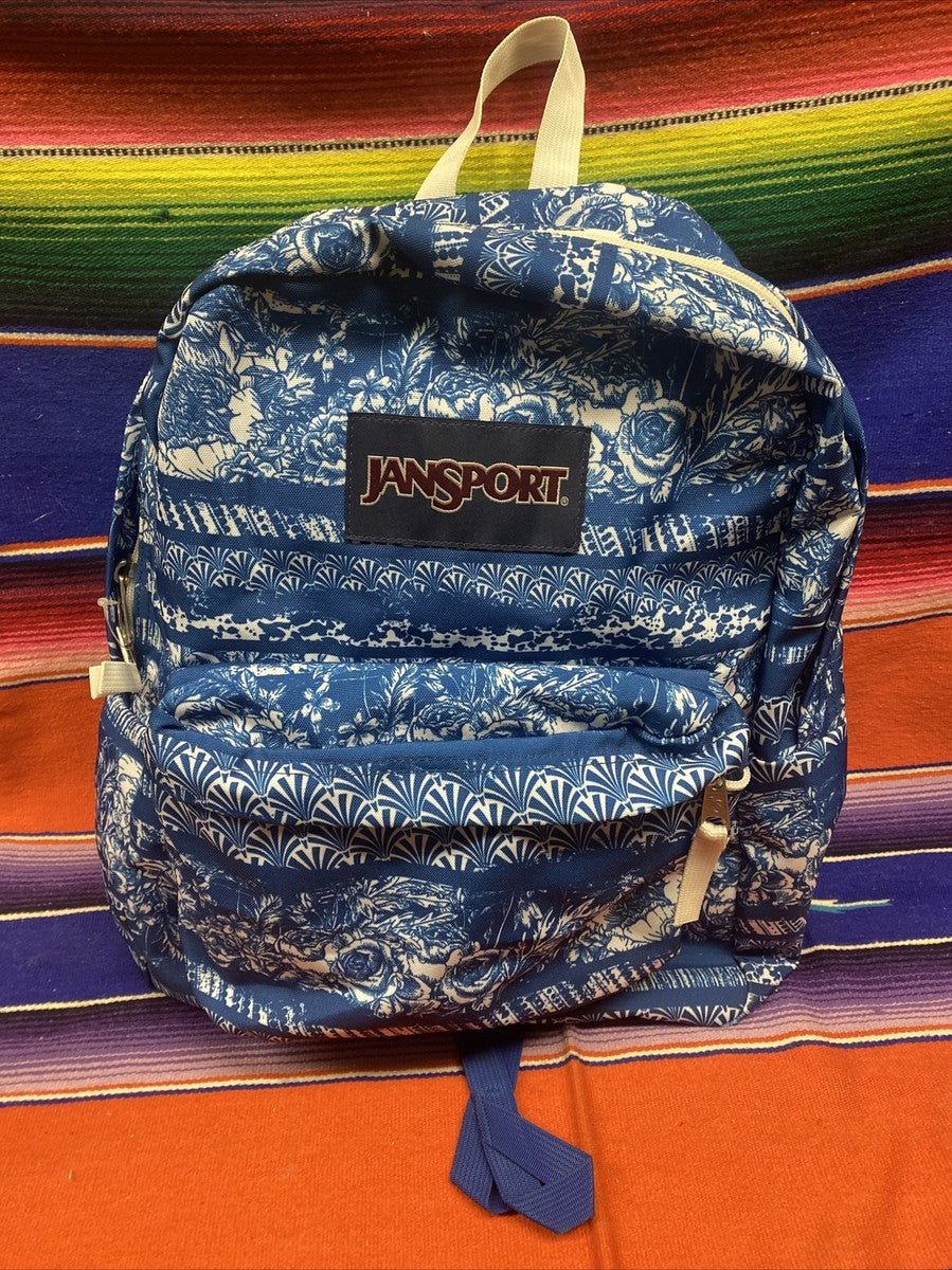 Jansport Backpack Blue & White Pattern Rose School Backback