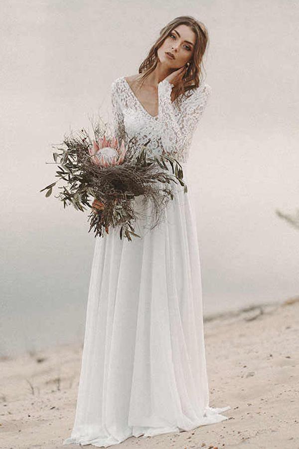 Simple V Neck Open Back Long Sleeves Lace Beach Wedding Dresses WD474 - Pgmdress