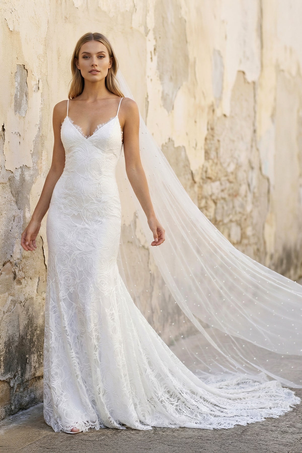 Amal | Spaghetti V-neck Mermaid Vintage Lace Flowers Sexy Backless Wedding Dress with Train