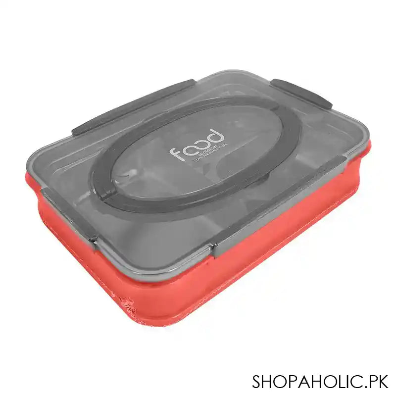 Stainless Steel Lunch Box, 3 Compartments & Cutlery, Red, 9.3in (H) x 6.5in (W) x 1.8in (D), 2523C - Main Image