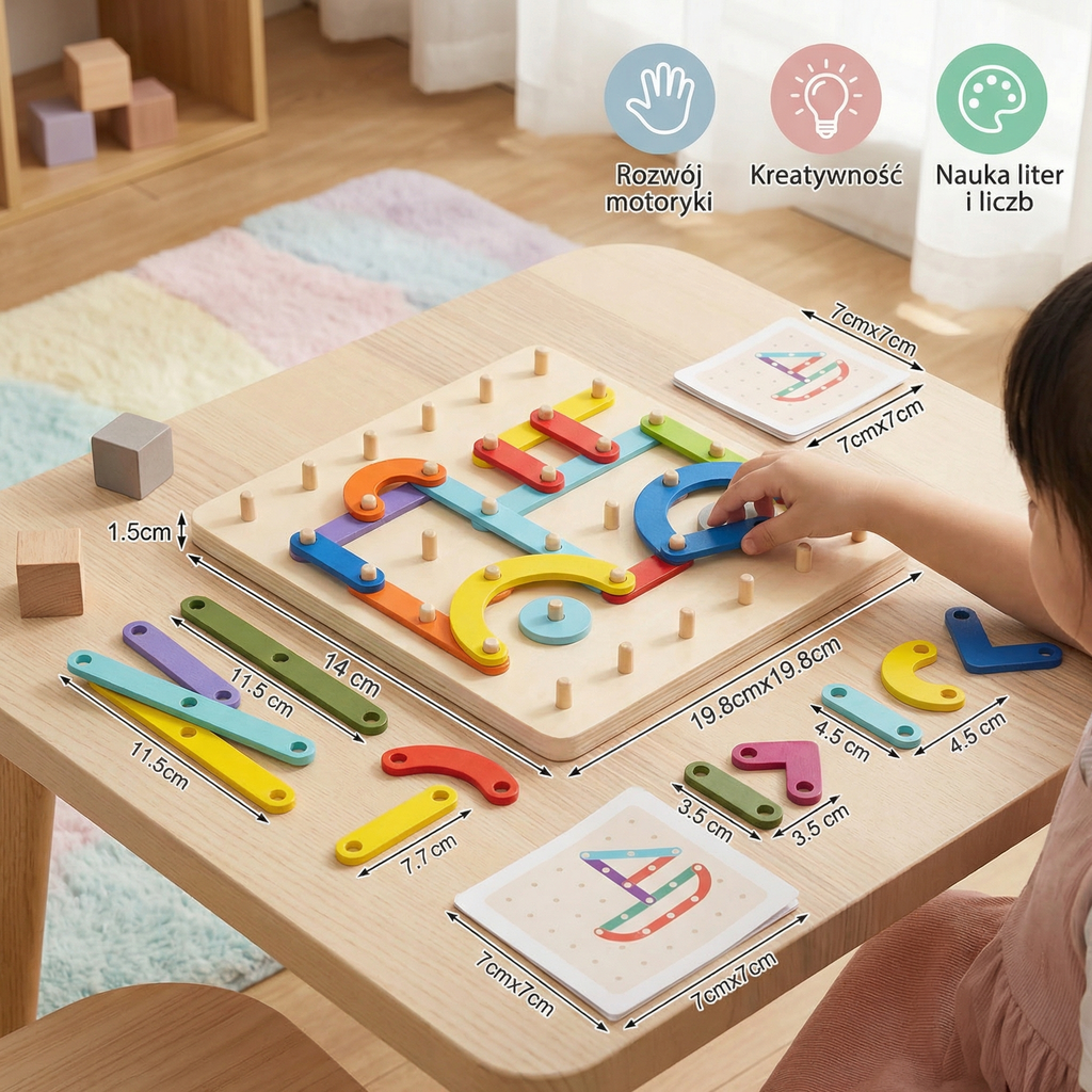 Puzzle Montessori z kołkami dla dzieci ⎜ Kreatywna zabawka do dopasowywania kształtów z literami i cyframi do nauki wczesnej.