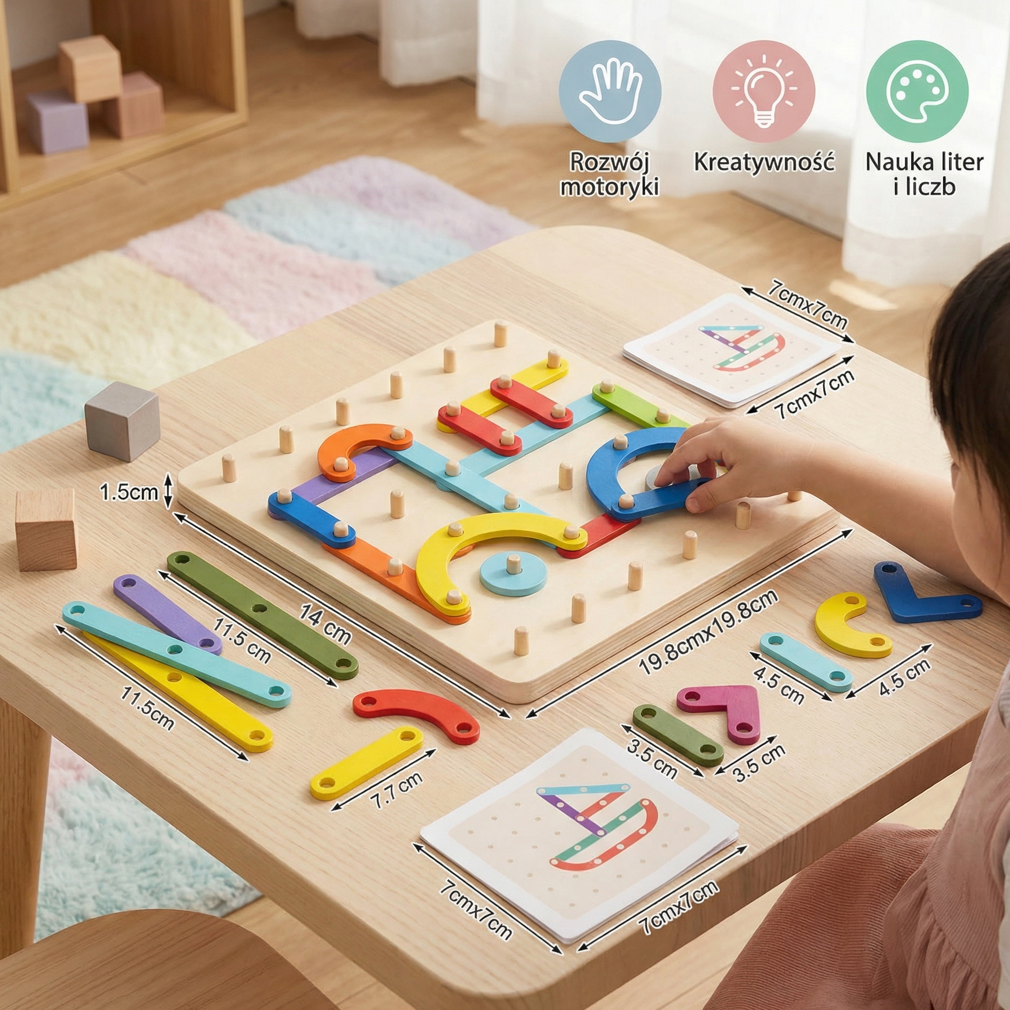 Puzzle Montessori z kołkami dla dzieci ⎜ Kreatywna zabawka do dopasowywania kształtów z literami i cyframi do nauki wczesnej.